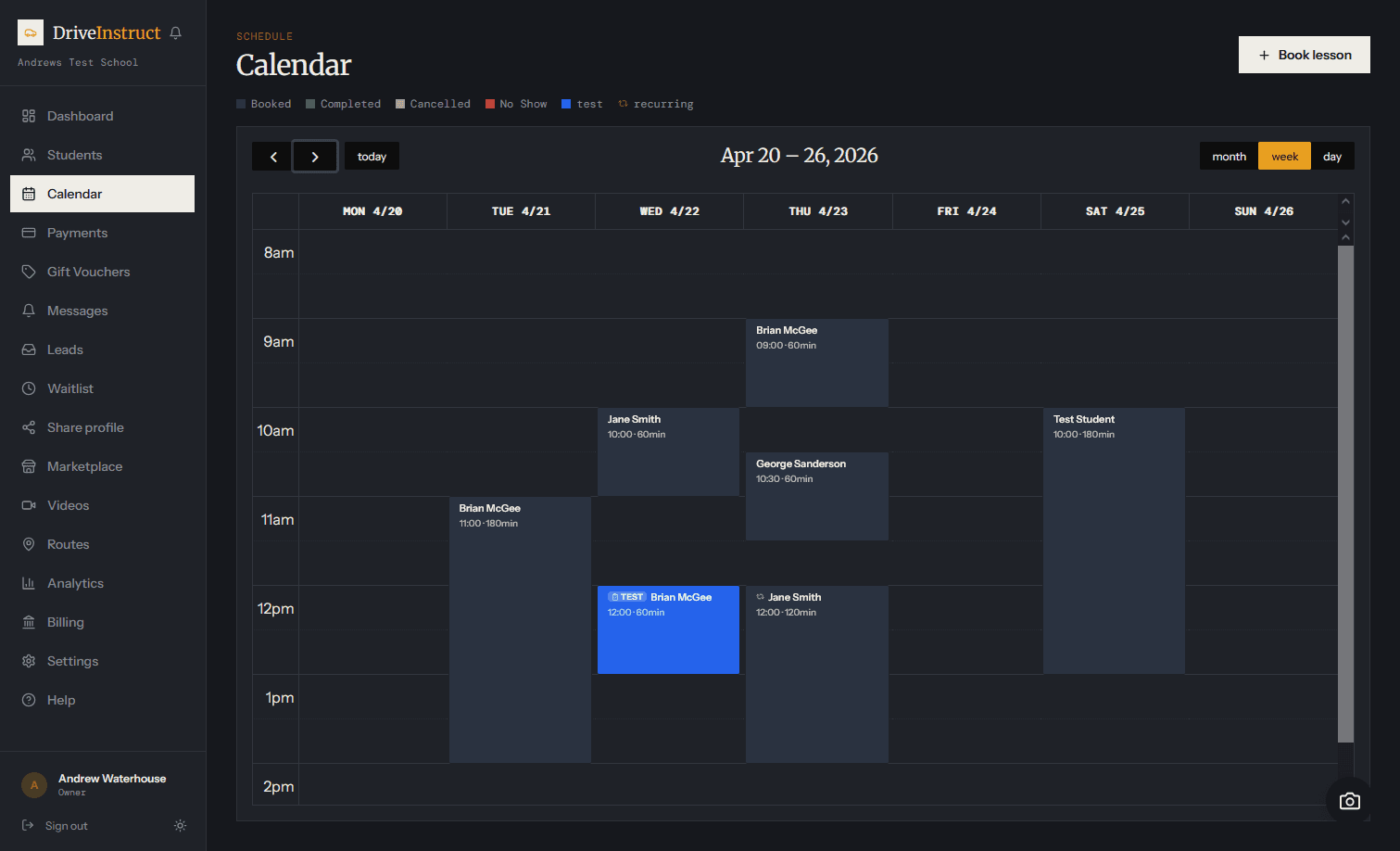 DriveInstruct calendar