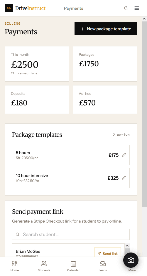 DriveInstruct payments dashboard